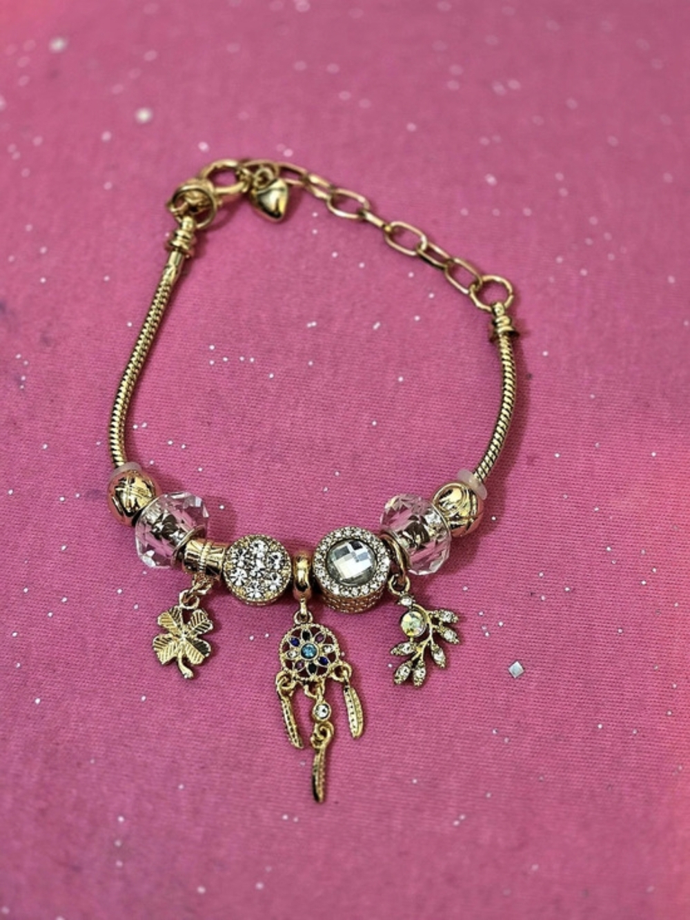Gold Tone Cable Chain Charm Bracelet w Clear Crystals, Clover & Dreamcatcher